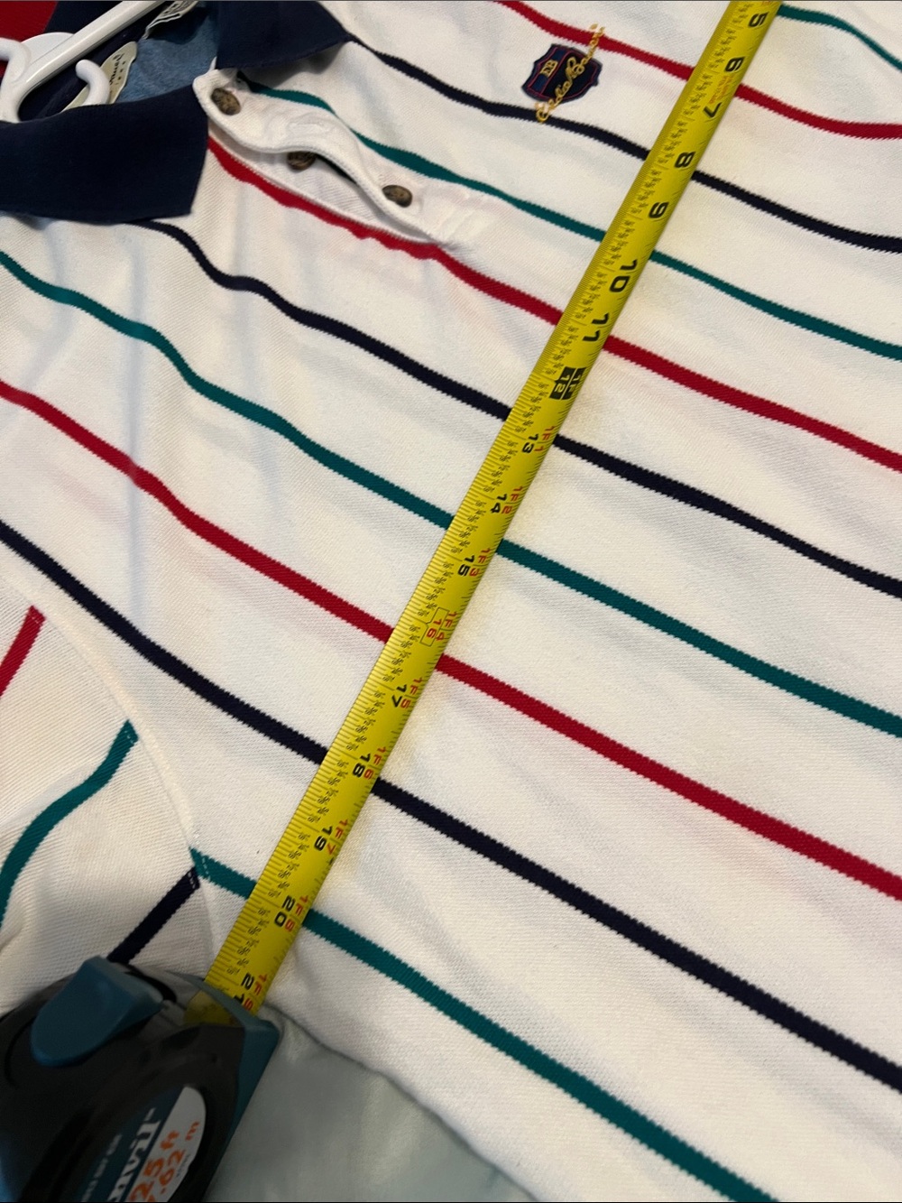 Vintage Eddie Bauer White Polo with Navy Collar and Red, Teal, and Black Stripes - Picture 8 of 8